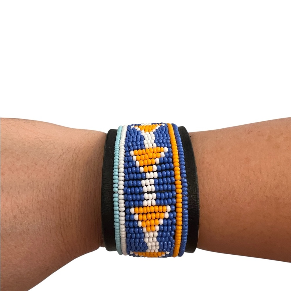 Small African Beaded Wide Bracelet by Life Line Africa Leather Back